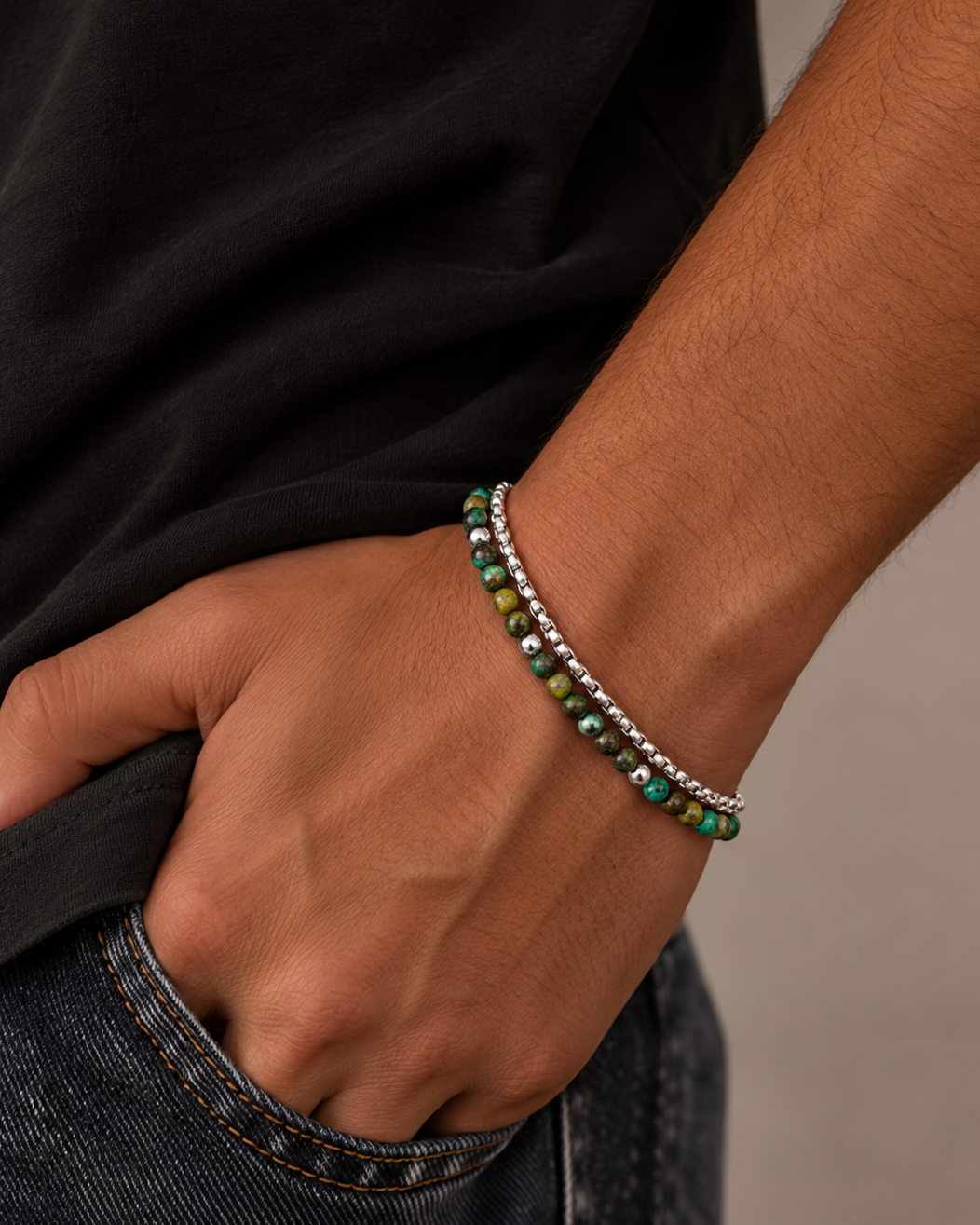 Double Ares men's bracelet with green natural stones and silver-coloured steel chain