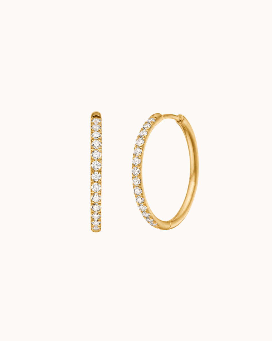 Belle Earrings M, classic gold-plated hoops of 2 cm with clear zirconia