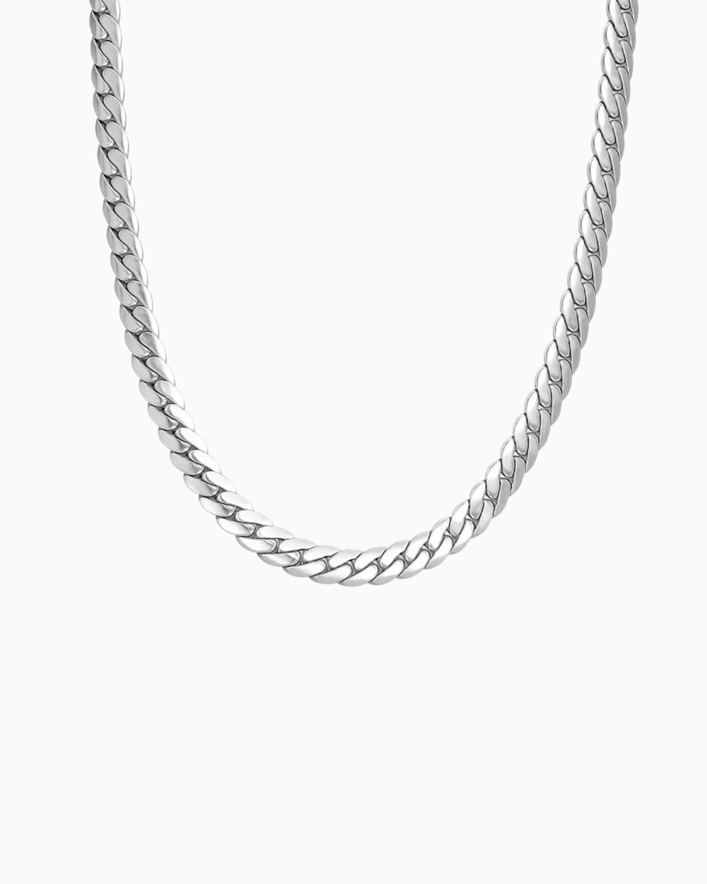 Cuban men's necklace in silver-coloured stainless steel with wide, flat Cuban links