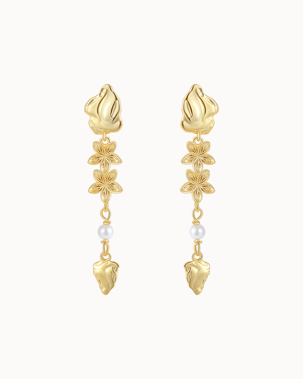 Haiti Earrings i 18K forgyldt sterlingsølv med blomster, perle og skulpturel havform