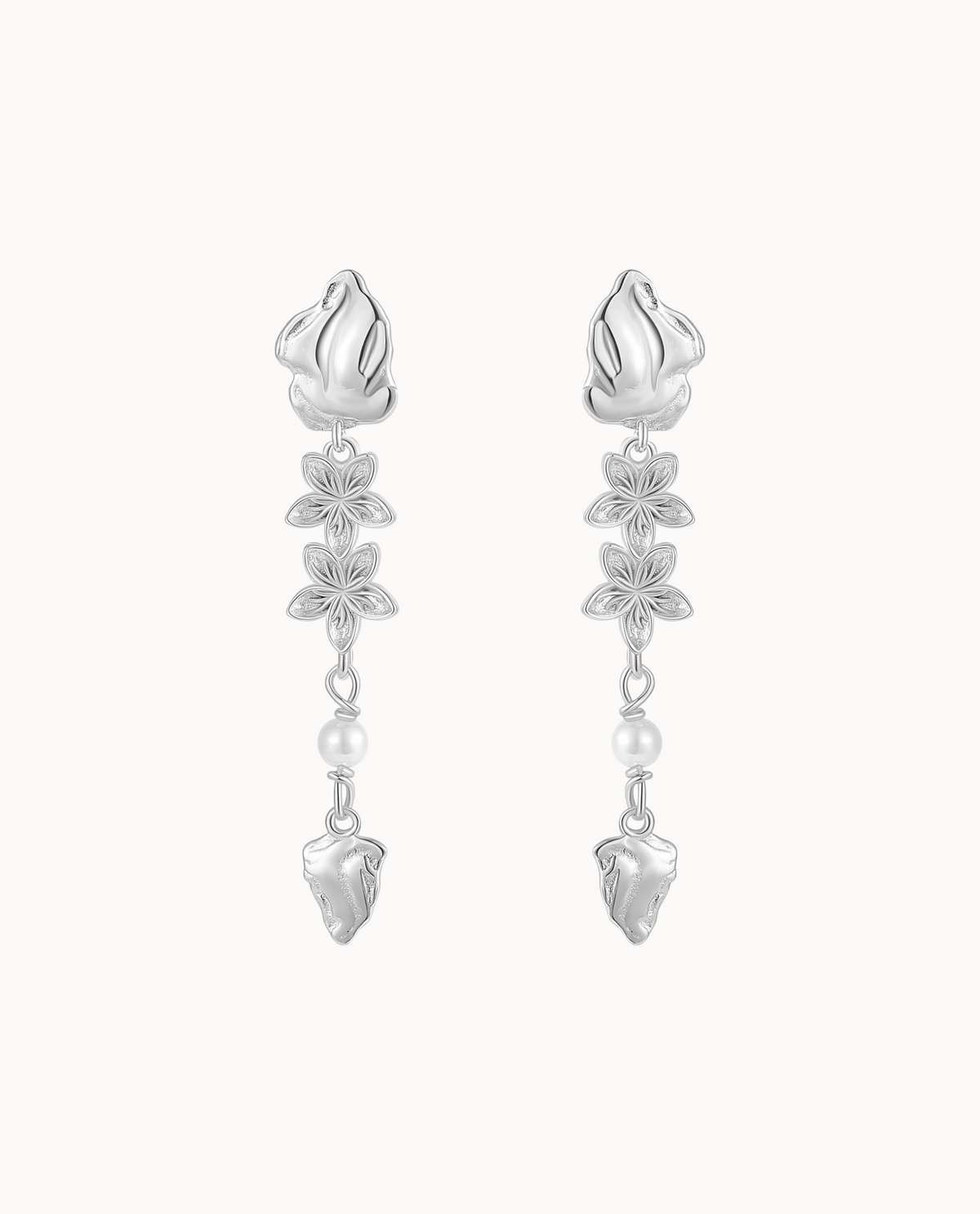 Haiti Earrings in 925 sterling silver with flowers, pearl and sculptural sea shape