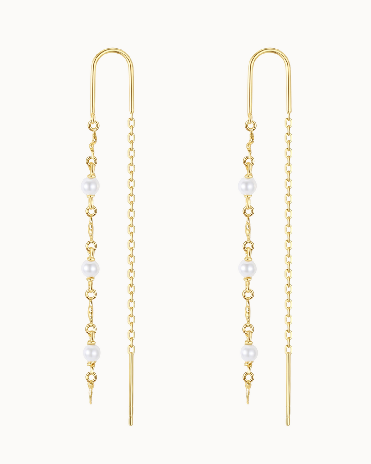Mara Earrings – lange, schmale Ohrringe aus 18K vergoldetem Sterlingsilber mit kleinen Perlen