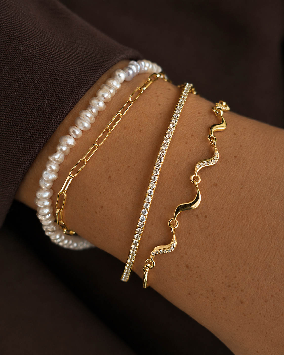 Nova Bracelet, Alasia Bangle og Kaia i 18K forgyldt sterlingsølv stacked