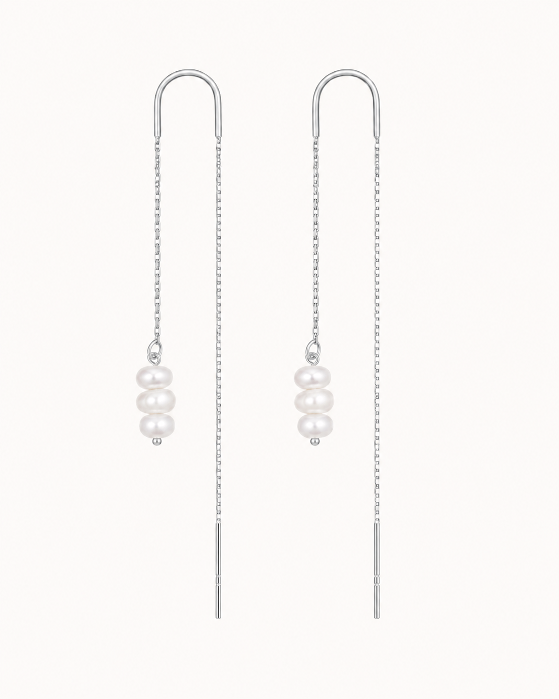 Peach chain earrings in 925 sterling silver with three freshwater pearls