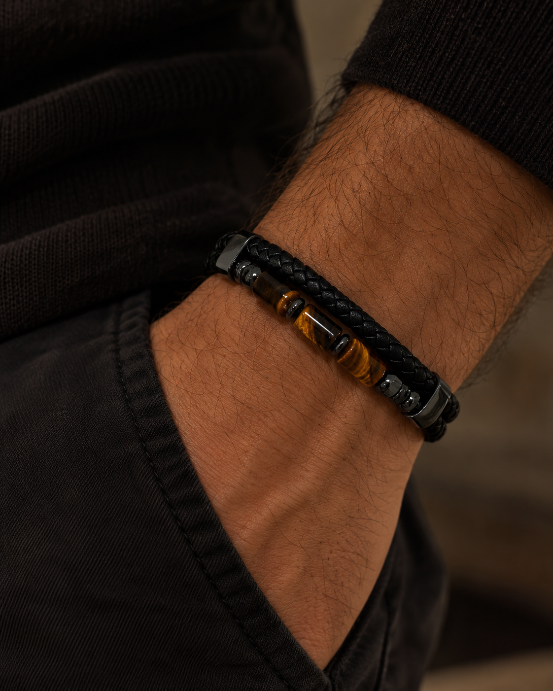 Rocco men's leather bracelet worn on the wrist
