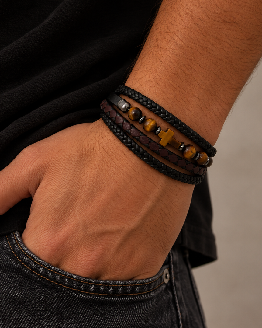 Layered Roman leather bracelet for men with tiger's eye stones and dark metal details