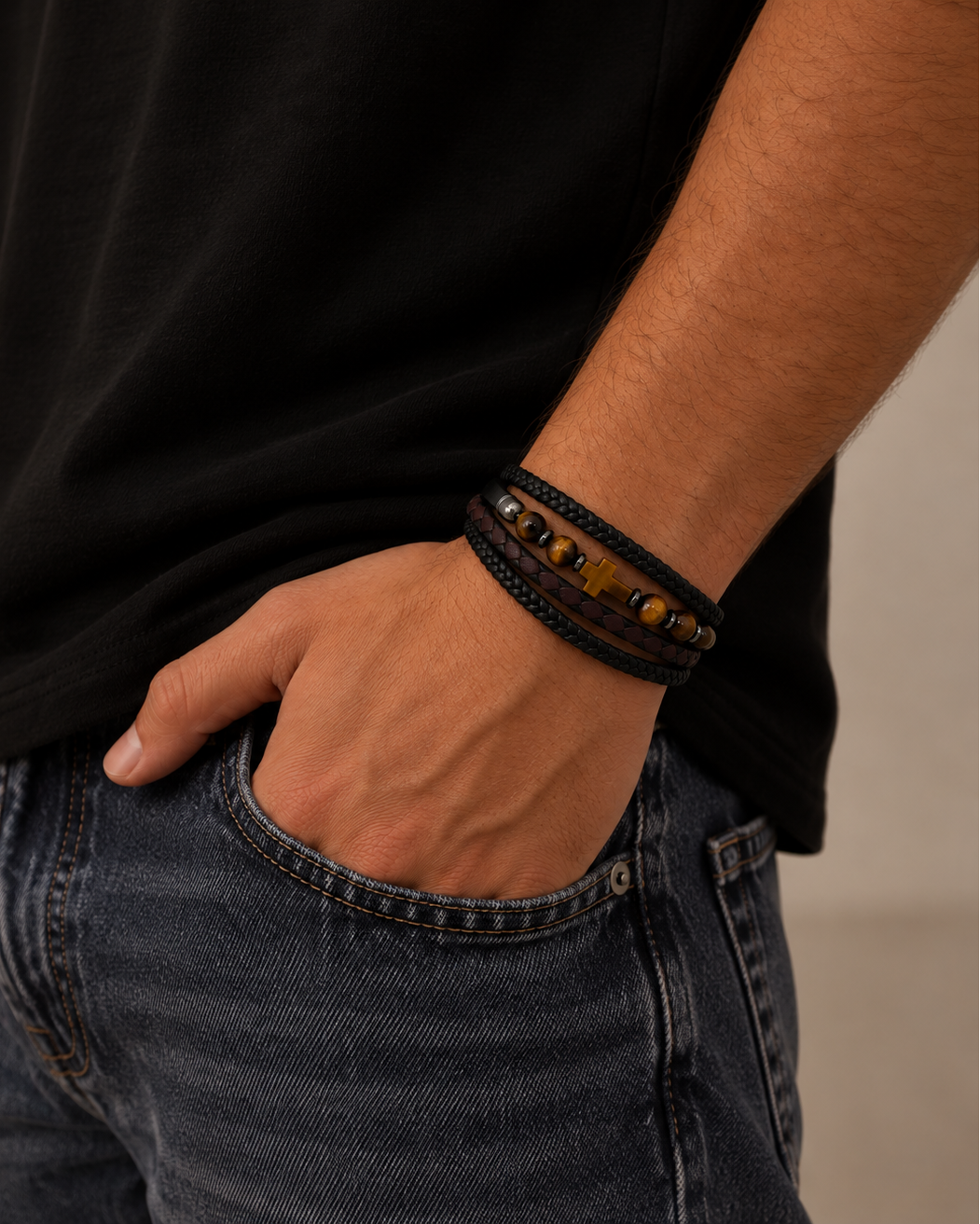 Detail of Roman men's bracelet with braided leather and cross