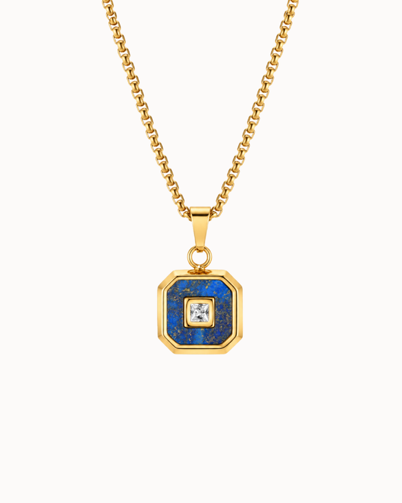 Romeo men's necklace in gold-plated stainless steel with geometric pendant and blue stone