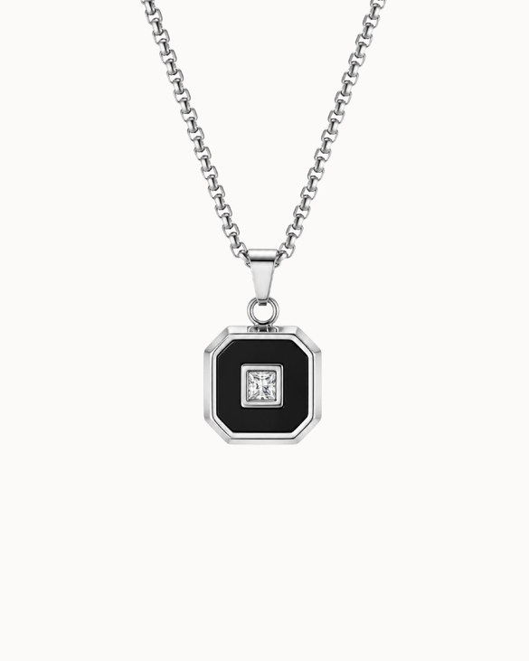 Romeo men's necklace in silver-coloured stainless steel with geometric pendant and black stone