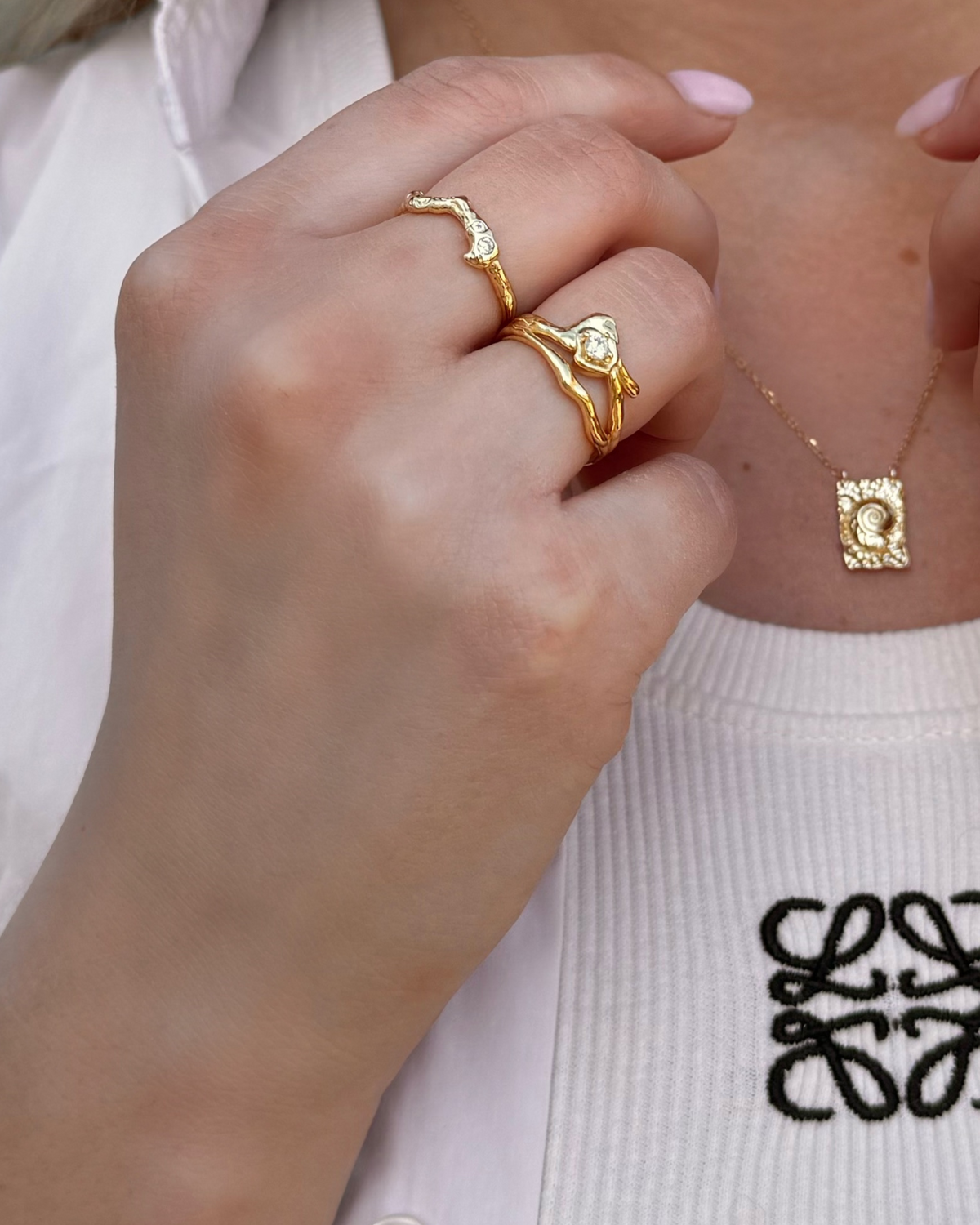 Samui and Tahiti rings with Mahe necklace in 18K gold-plated sterling silver