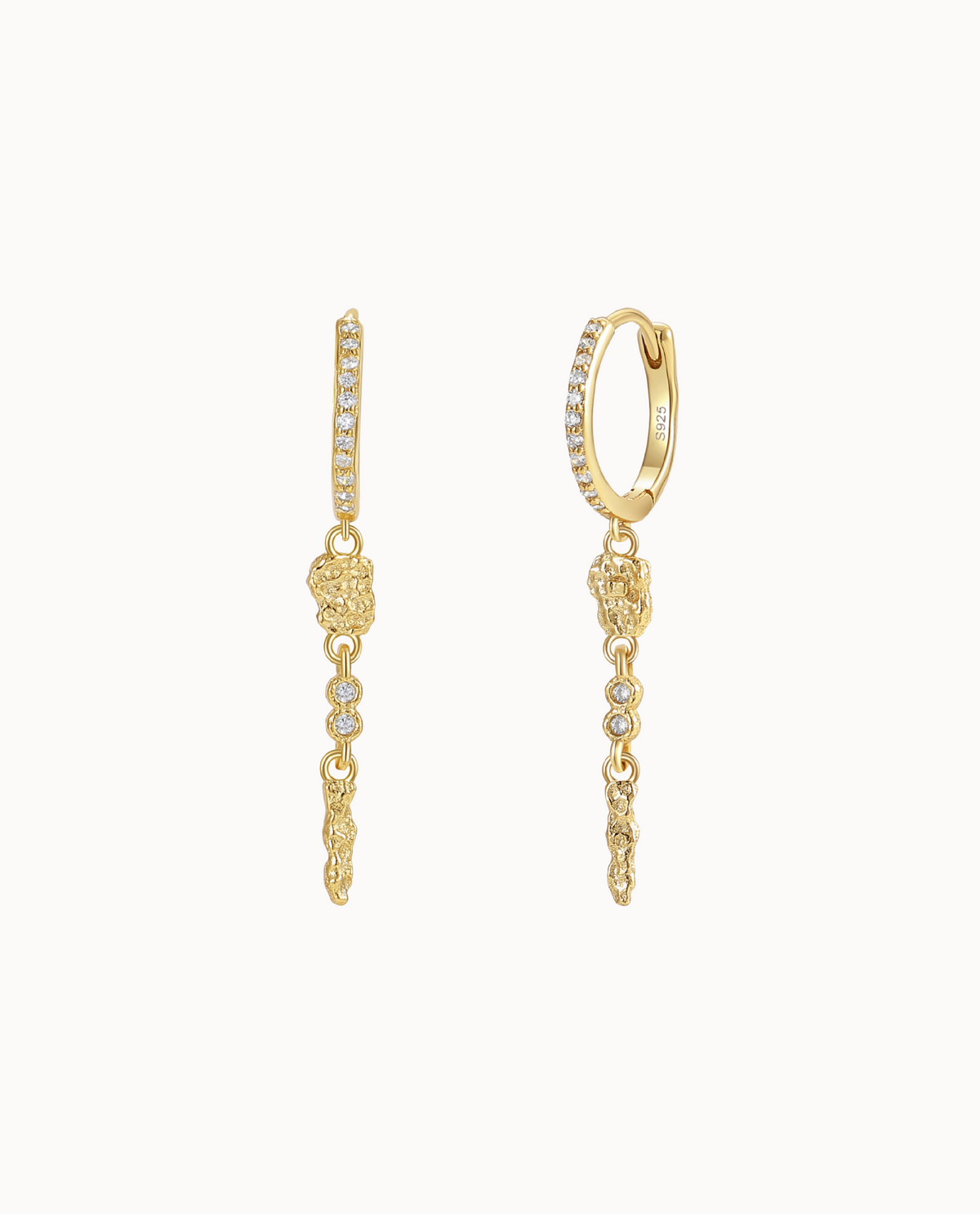 Serqet hoops in 18K gold-plated sterling silver with hanging organic details and zirconia
