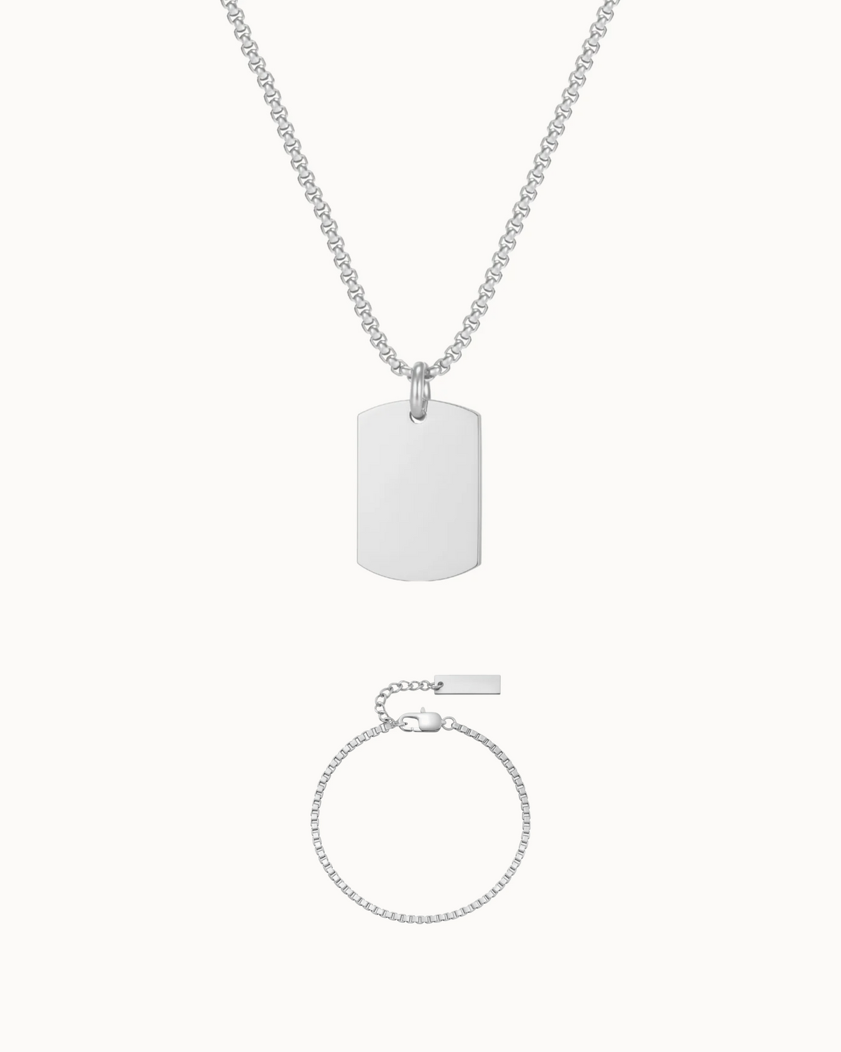 Tag & Box Chain Gift Set i sølvfarvet stål – halskæde og armbånd