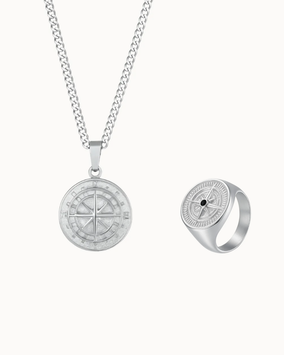 Compass Ring & Chain Gift Set i sølvfarvet stål – halskæde og ring