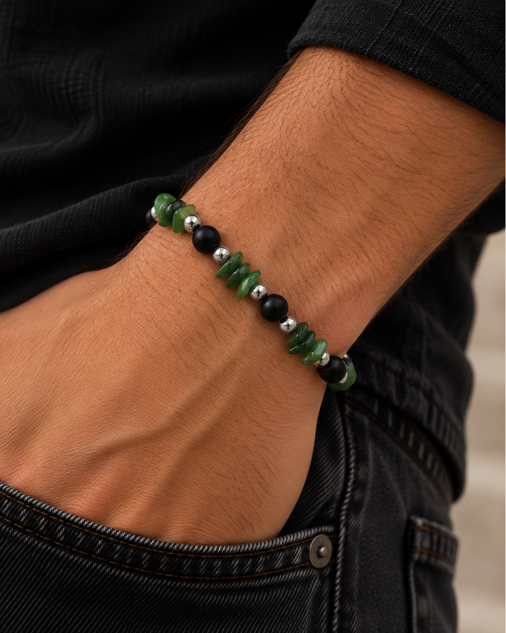 Grünes Stone Armband für Herren mit organischen Natursteinen und Edelstahl