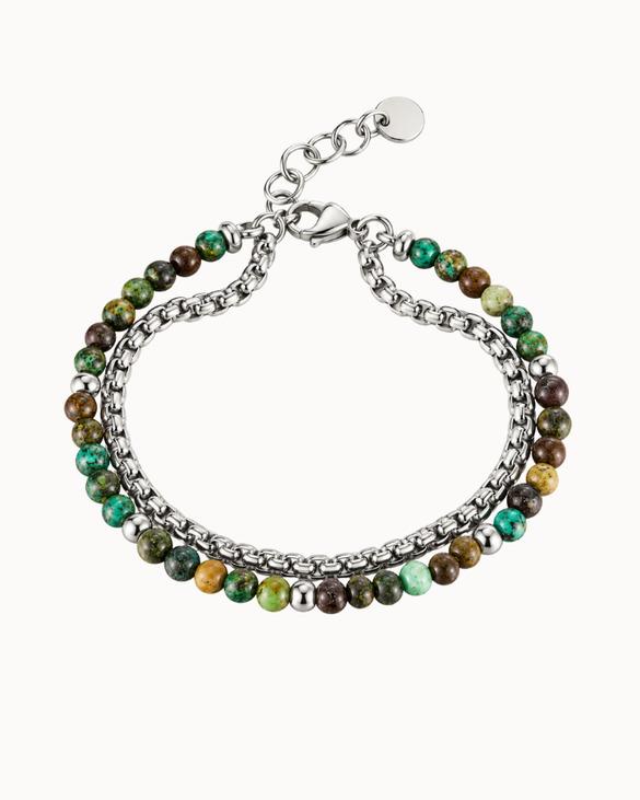 Ares men's bracelet in stainless steel with silver-coloured chain and green stone beads