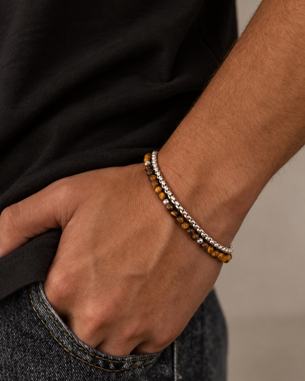 Double Ares men's bracelet with genuine tiger's eye and silver-coloured steel chain