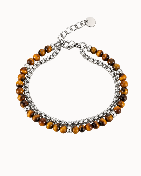 Ares men's bracelet in stainless steel with silver-coloured chain and small tiger's eye beads
