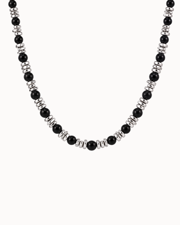 Axel men's necklace with black stones and organic silver-coloured details