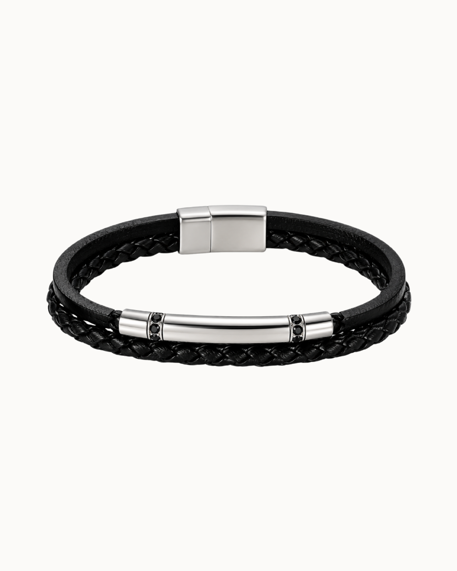 Coal Herrenarmband aus schwarzem geflochtenem Leder mit silberfarbenem Detail aus Edelstahl