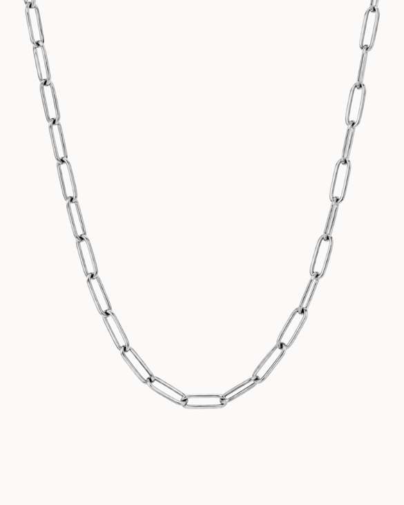 Cure men's necklace in silver-coloured stainless steel with elongated paperclip links