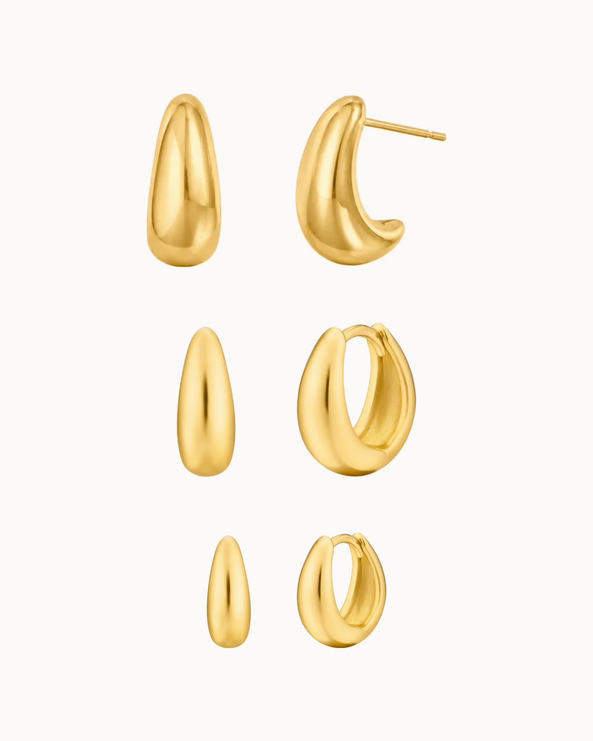 Venice & Ease Earrings Stack Set i forgyldt rustfrit stål – tre par øreringe i forskellige størrelser
