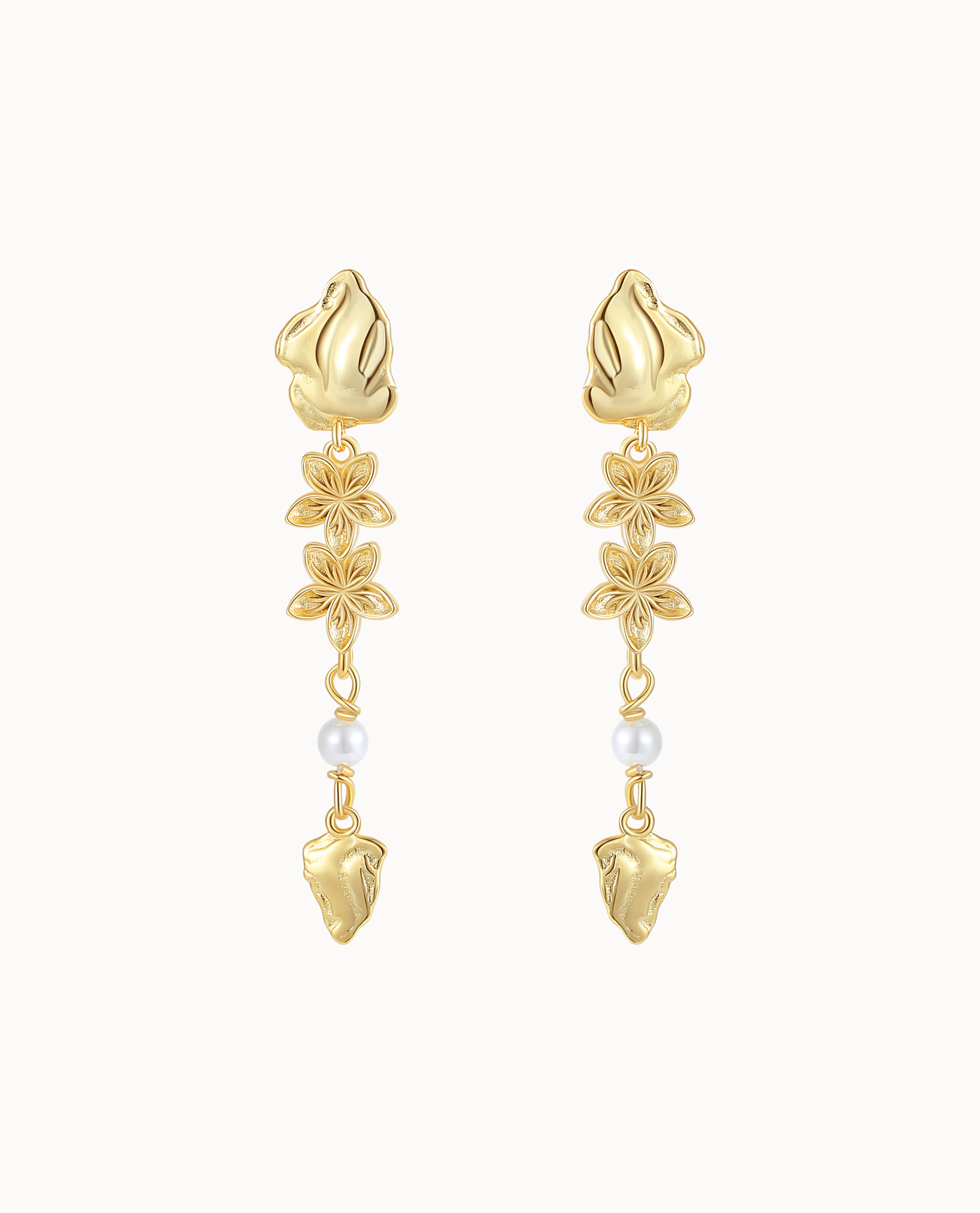 Haiti Earrings i 18K forgyldt sterlingsølv med blomster, perle og skulpturel havform