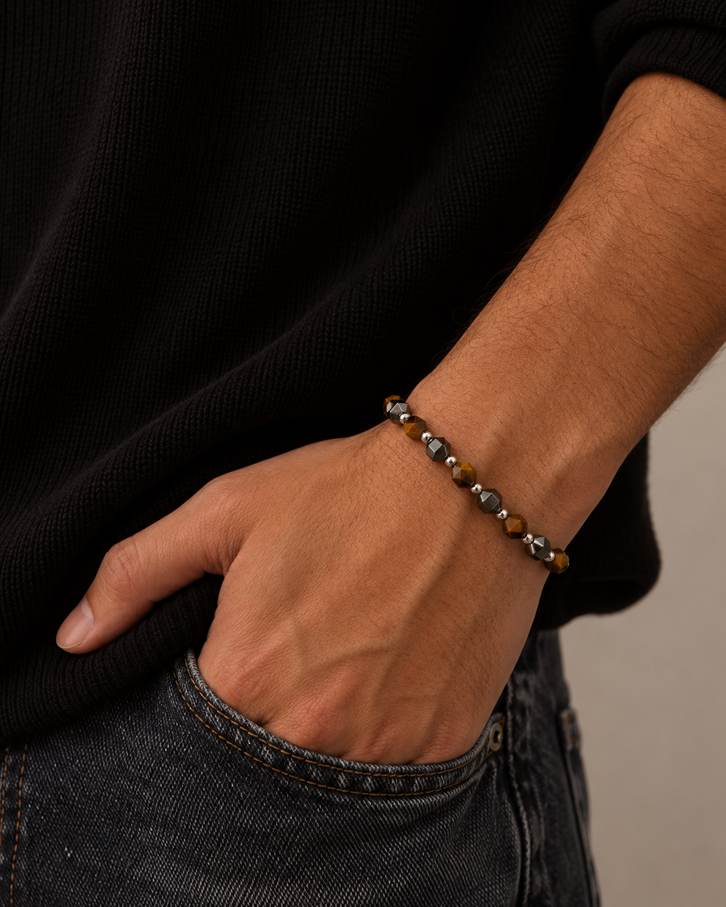 Kane men's bracelet with brown tiger's eye stones and dark hematite stones