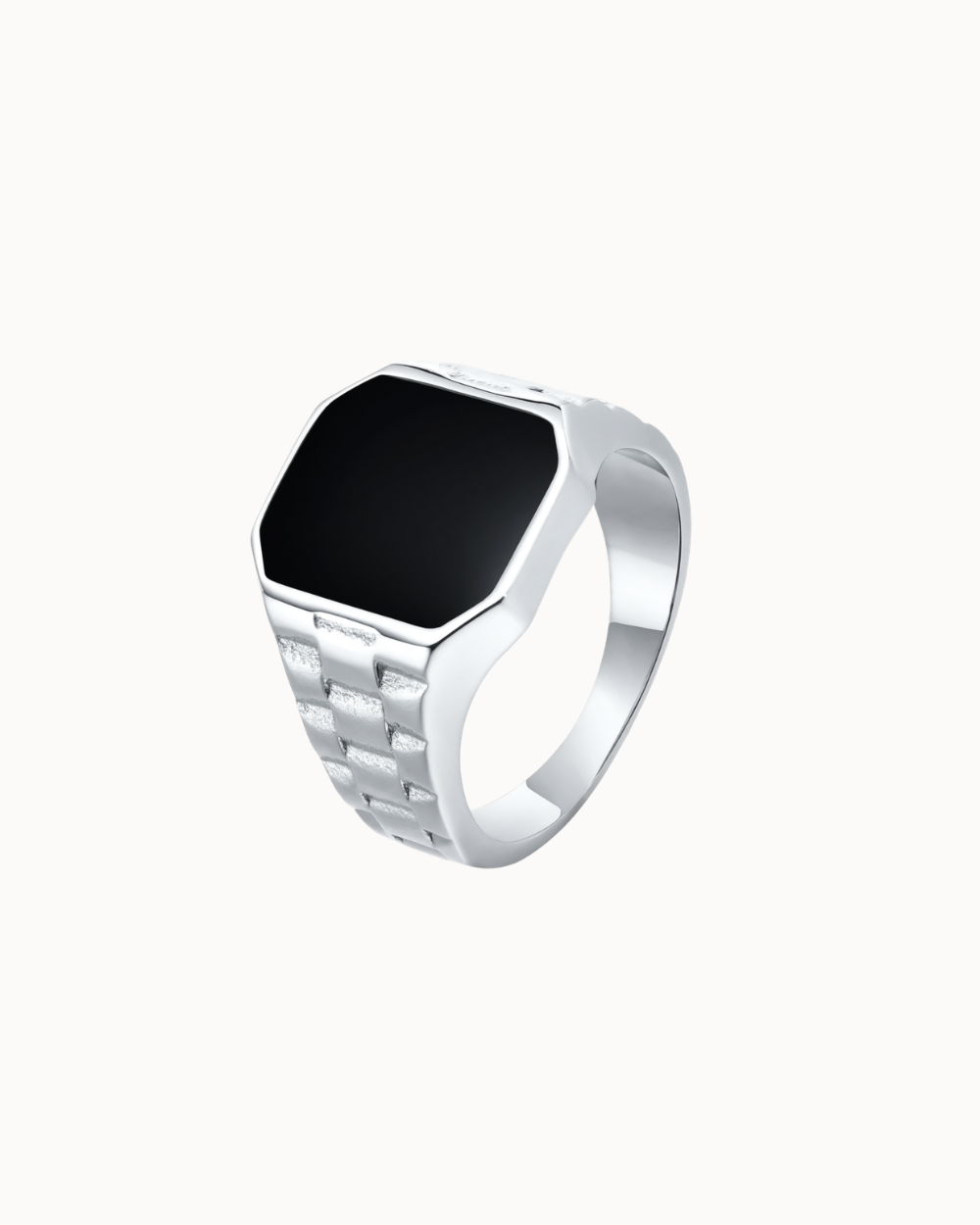 Link Onyx men's ring in silver-coloured stainless steel with black onyx and a geometric design