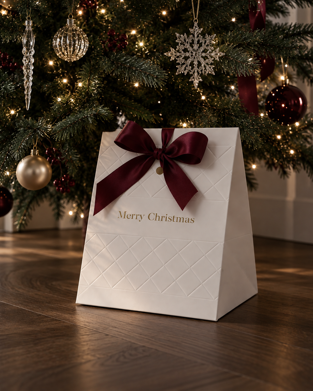 Weiße Weihnachtsgeschenktüte mit exklusivem goldfarbenem Druck