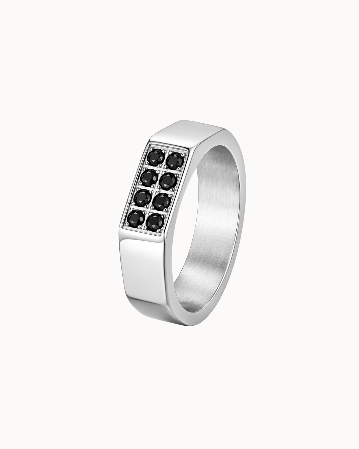 Nash men's ring in silver-coloured stainless steel with a front of black stones