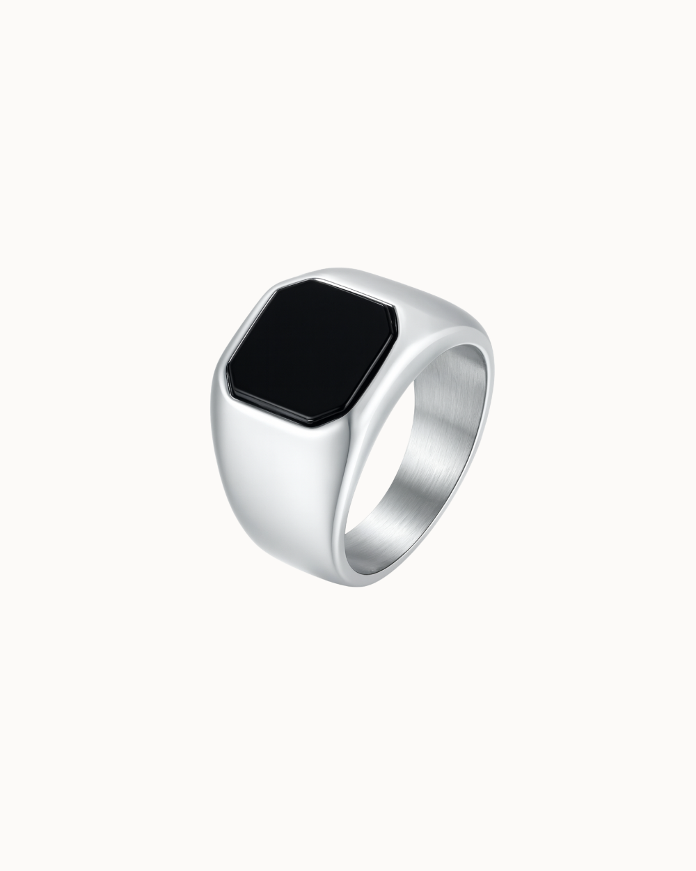 Onyx signet ring for men in silver-coloured stainless steel with square black onyx