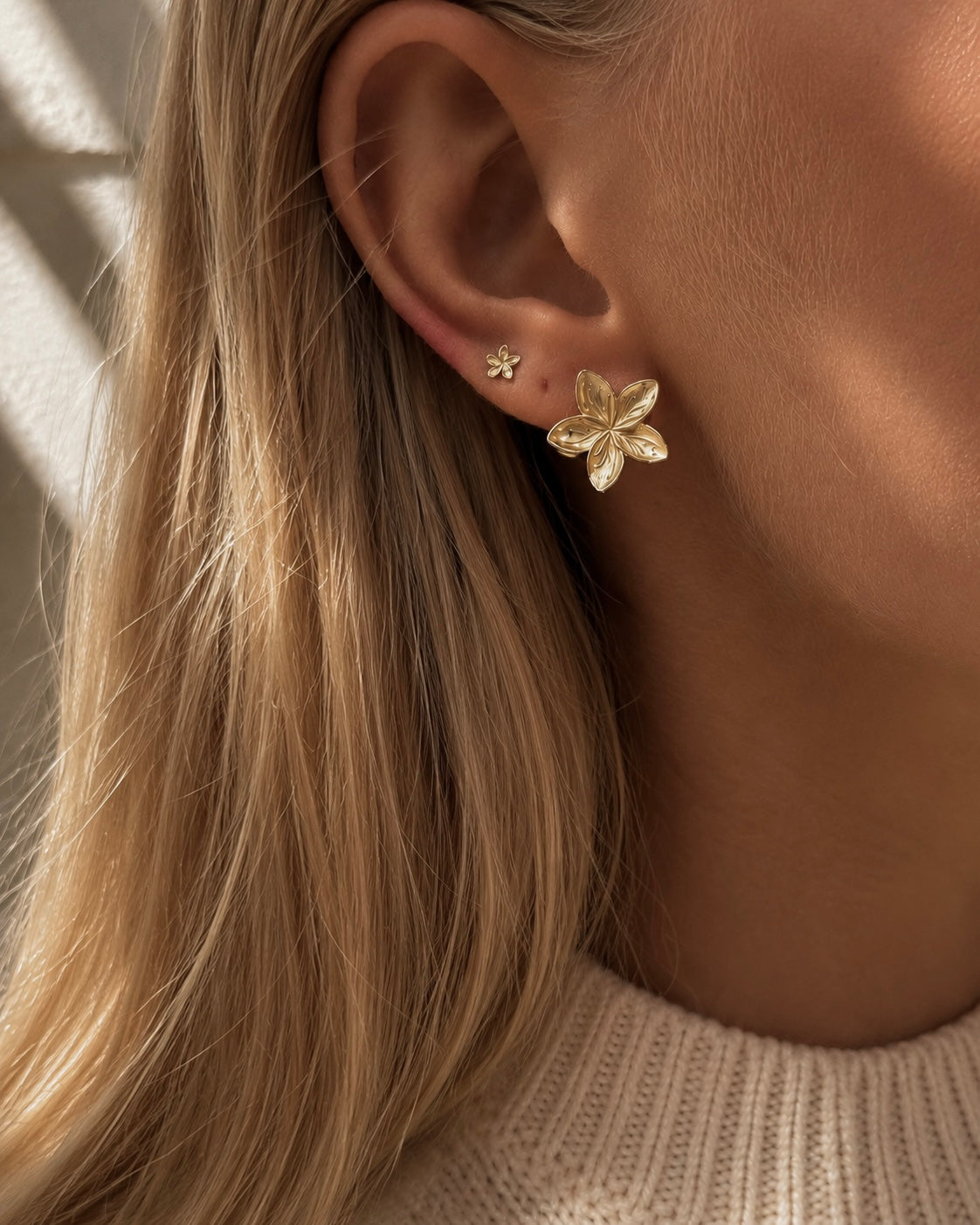 Poppy Earrings and Nusa Petite Studs in gold-plated sterling silver styled together