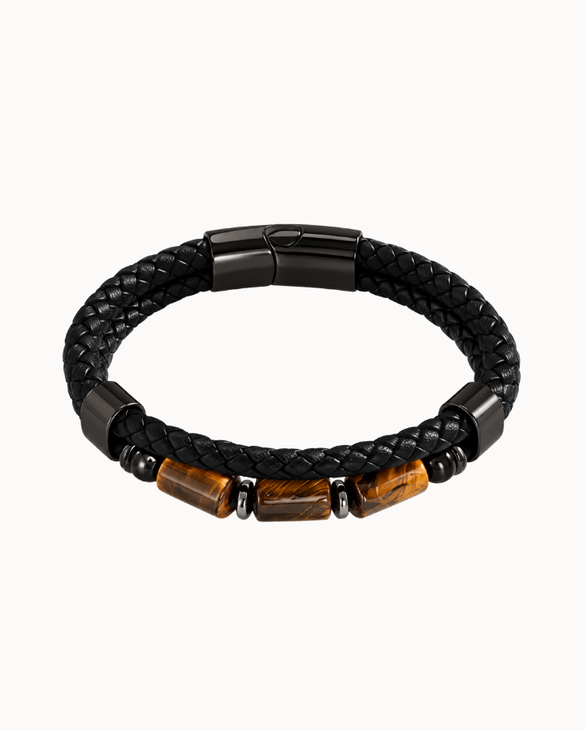 Rocco men's bracelet in black braided leather with dark steel details and brown tiger's eye stones