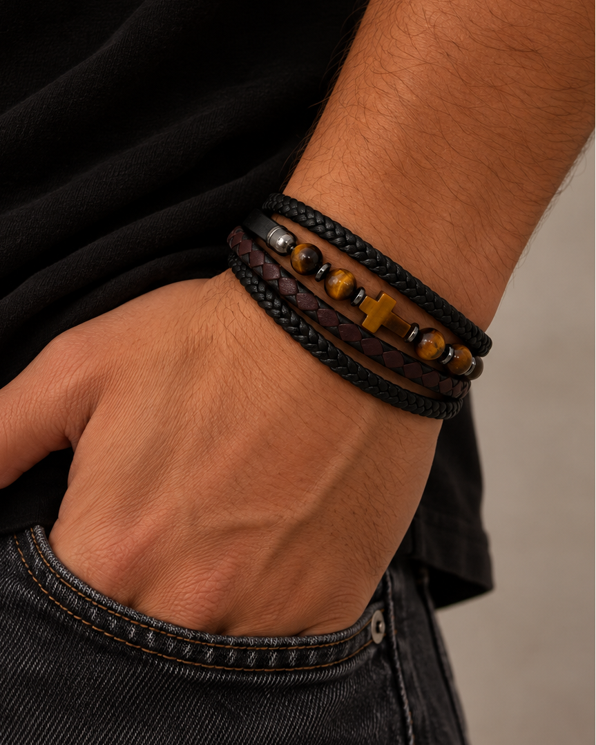 Layered Roman leather bracelet for men with tiger's eye stones and dark metal details