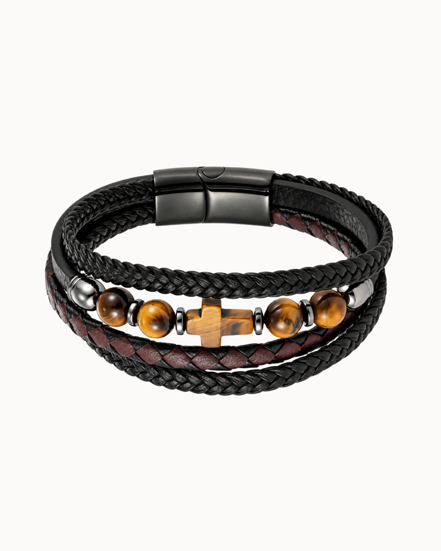 Roman multi-layer men's bracelet with black and brown braided leather, tiger's eye and cross