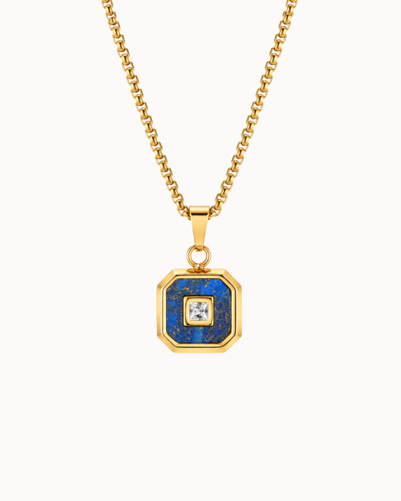 Romeo men's necklace in gold-plated stainless steel with geometric pendant and blue stone