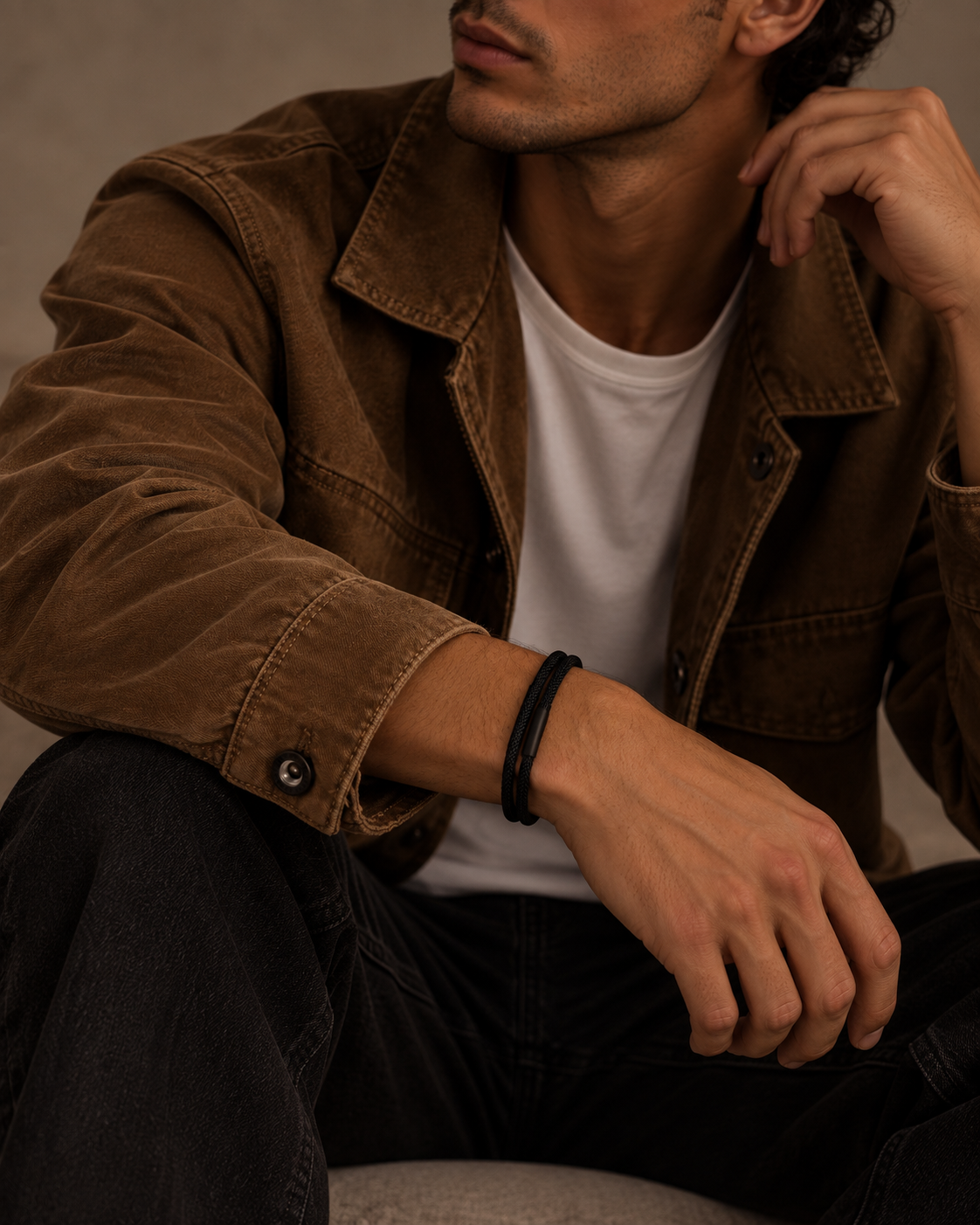 Minimalistisches schwarzes Rope Herrenarmband mit doppeltem Seil aus Edelstahl