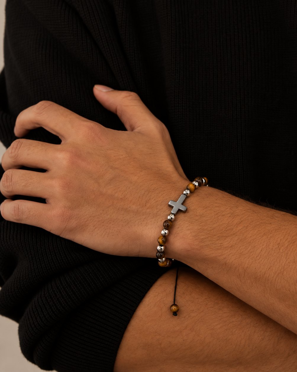 Saint men's bracelet with brown tiger's eye beads, cross and adjustable cord closure