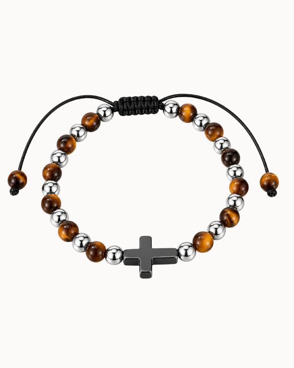 Saint men's bracelet with tiger's eye, hematite and silver-coloured stainless steel cross