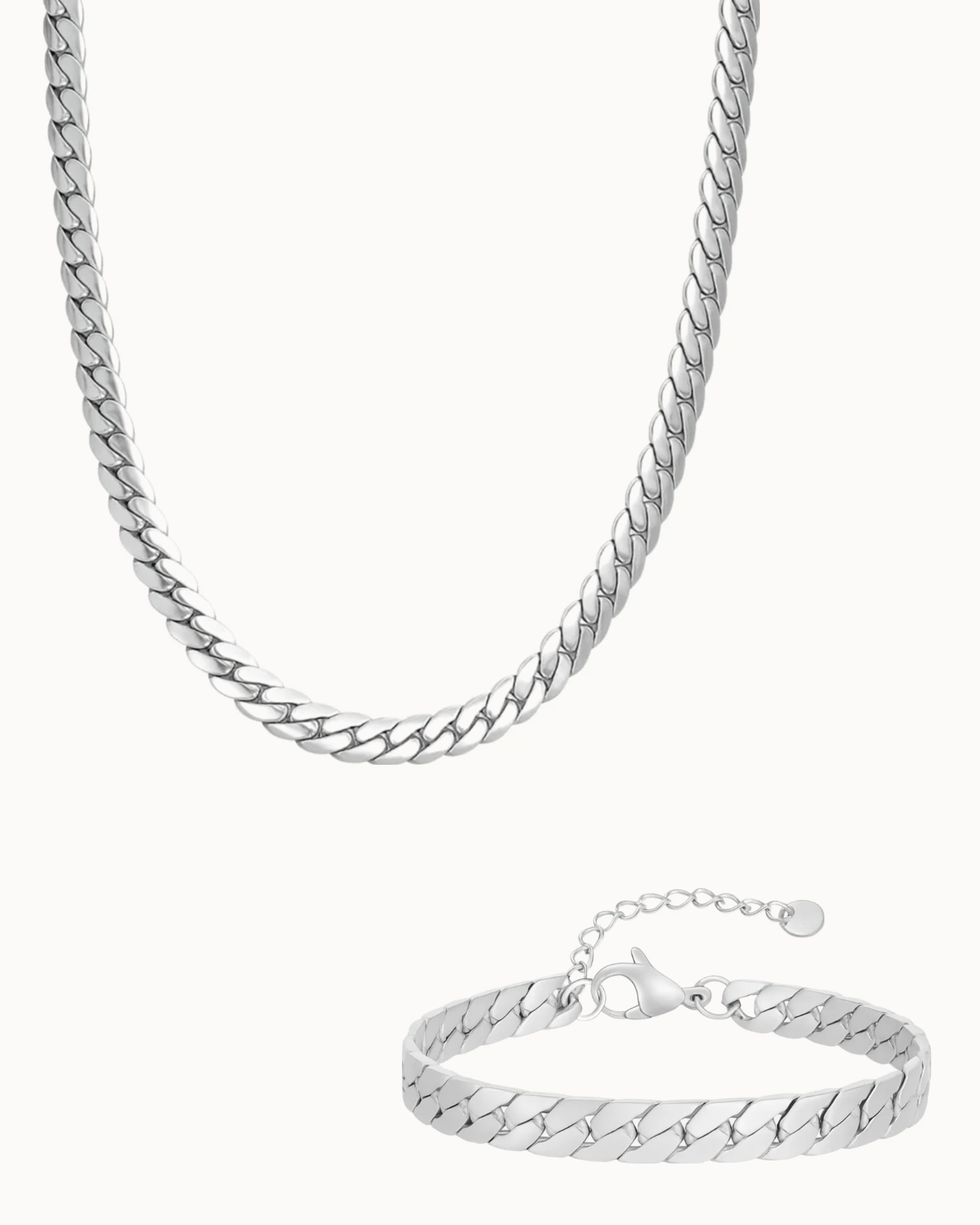 Cuban Necklace & Bracelet Gift Set i sølvfarvet stål – halskæde og armbånd