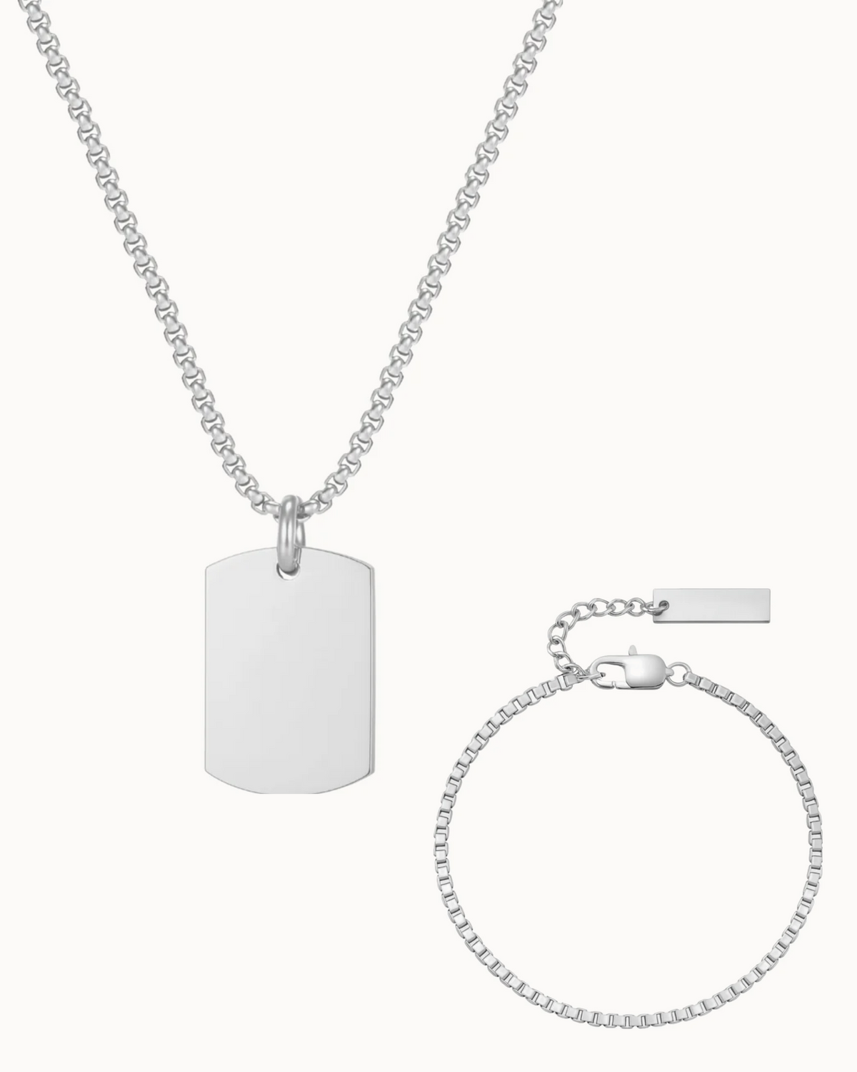 Tag & Box Chain Gift Set i sølvfarvet stål – halskæde og armbånd