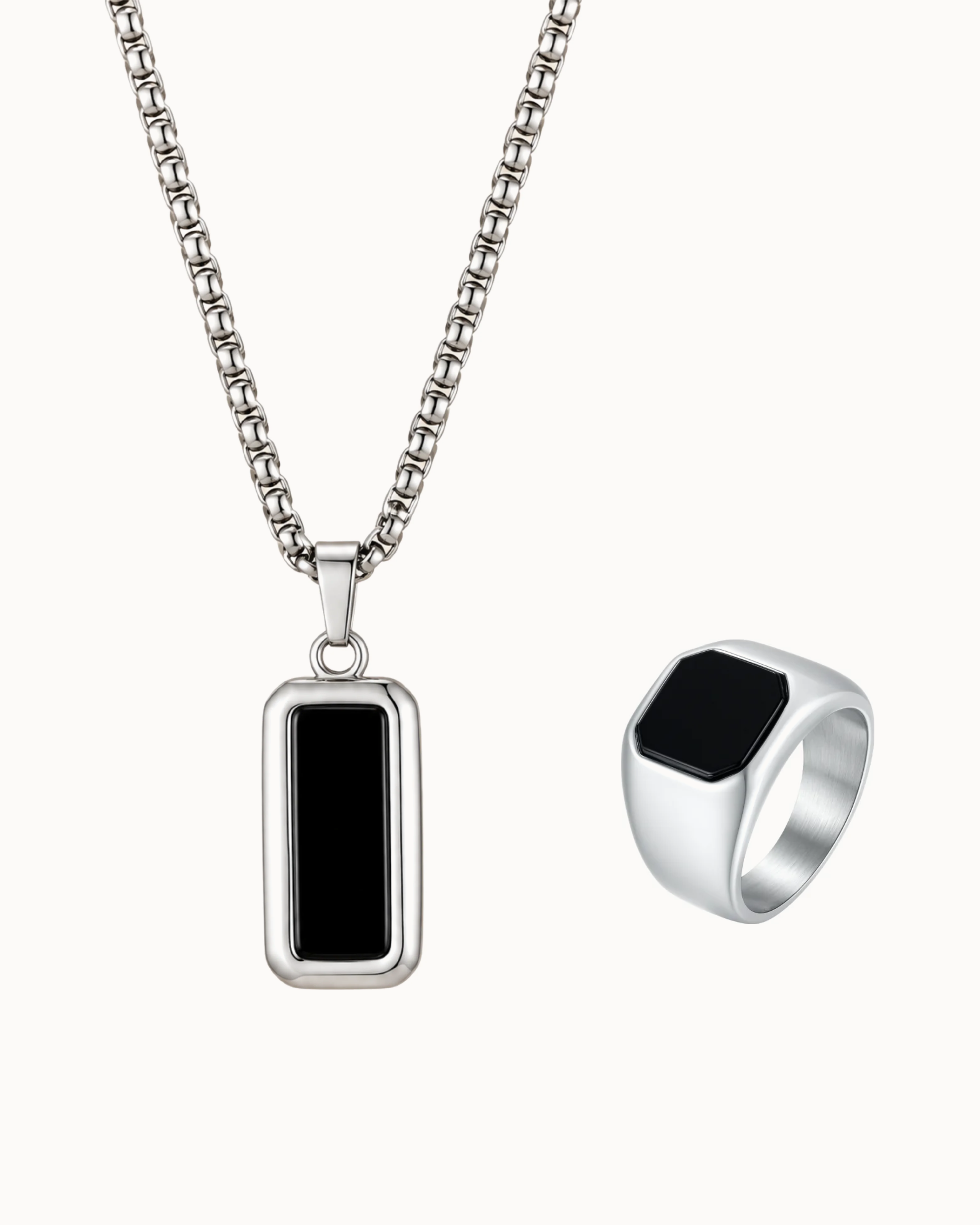 Ciro & Onyx Gift Set i sølvfarvet stål – halskæde og ring