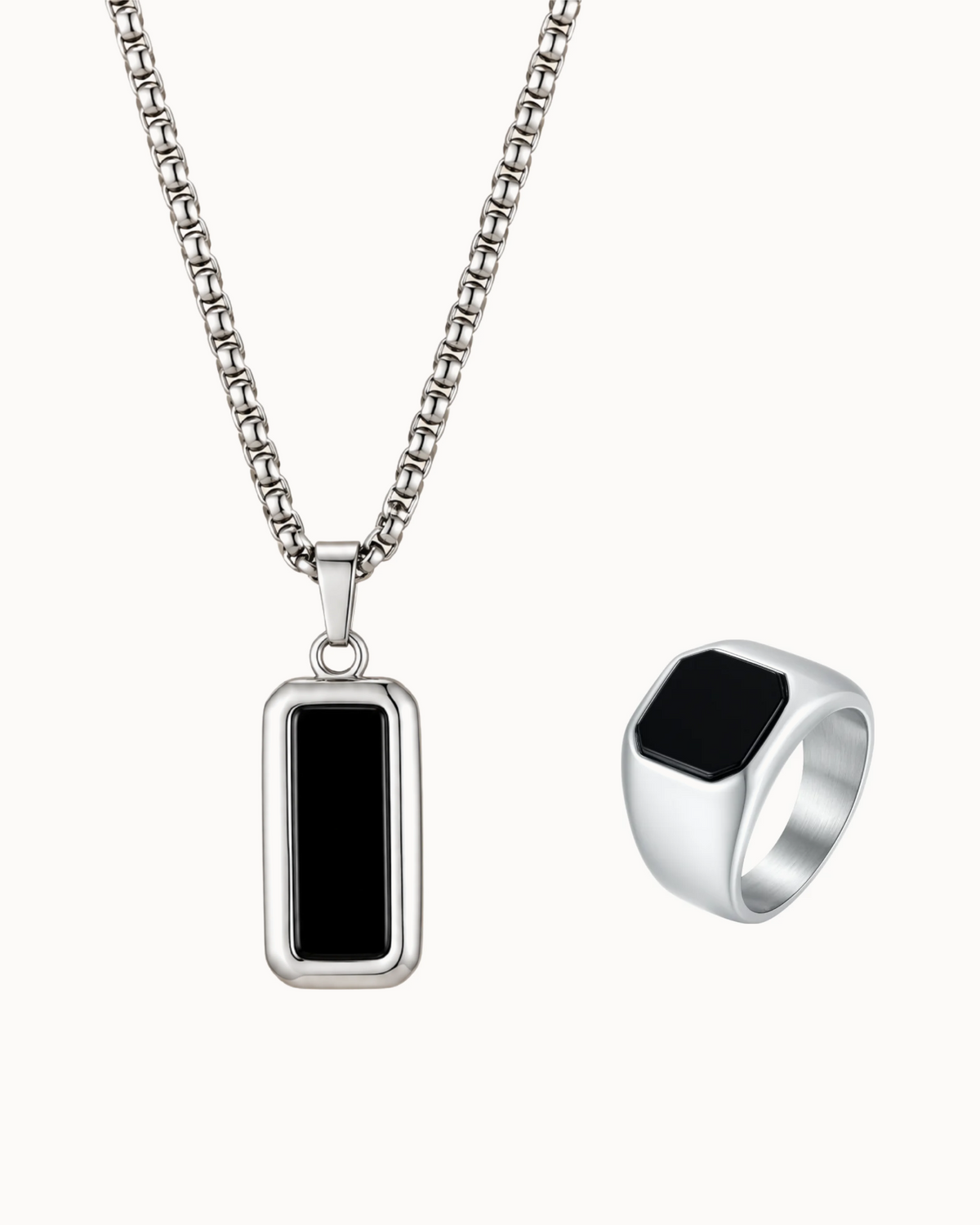 Ciro & Onyx Gift Set aus silberfarbenem Stahl – Halskette und Ring