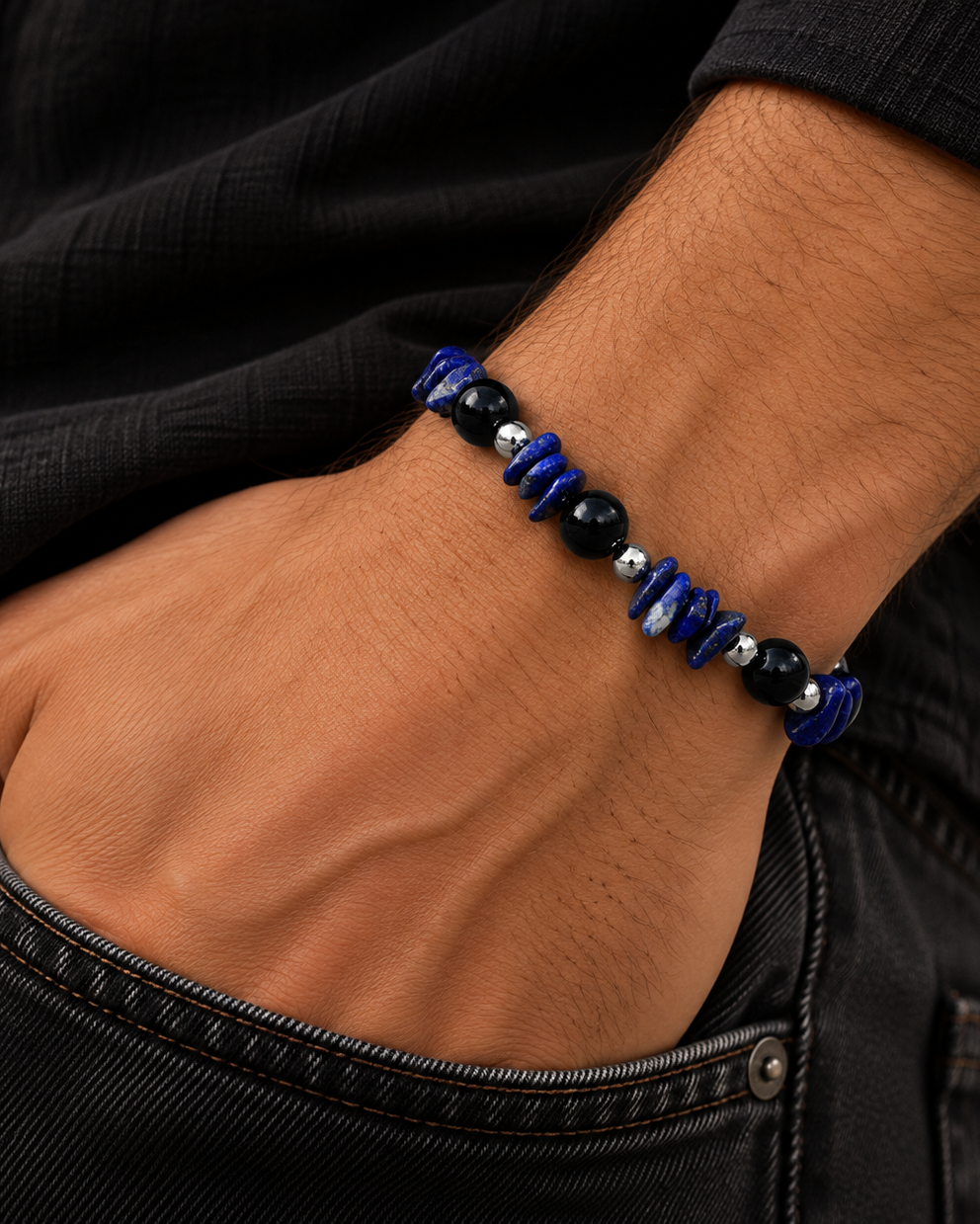 Blaues Stone Armband für Herren mit organischen Natursteinen und Edelstahl