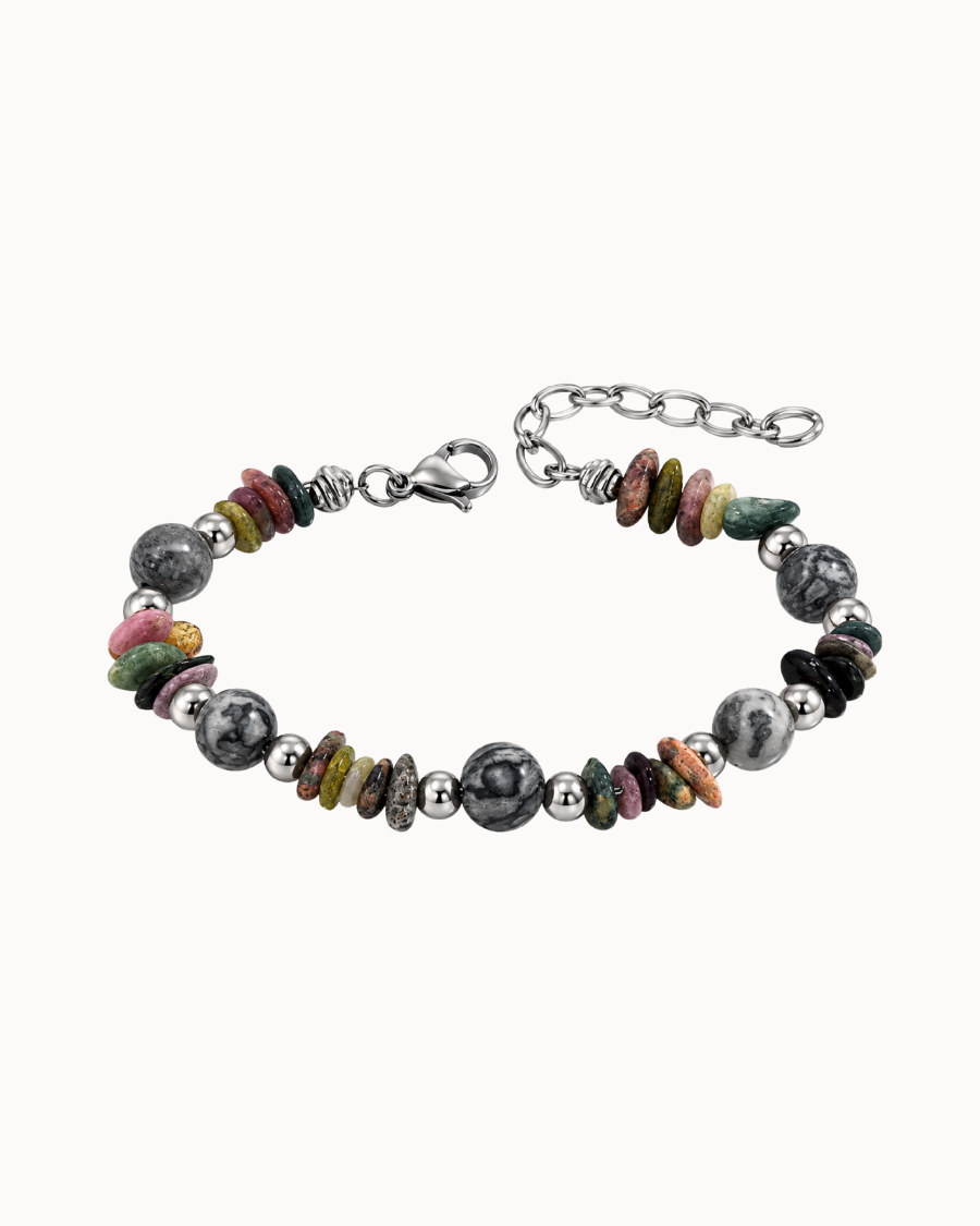 Stone Herrenarmband mit farbenfrohen Natursteinen in Grün-, Rosa- und Grautönen