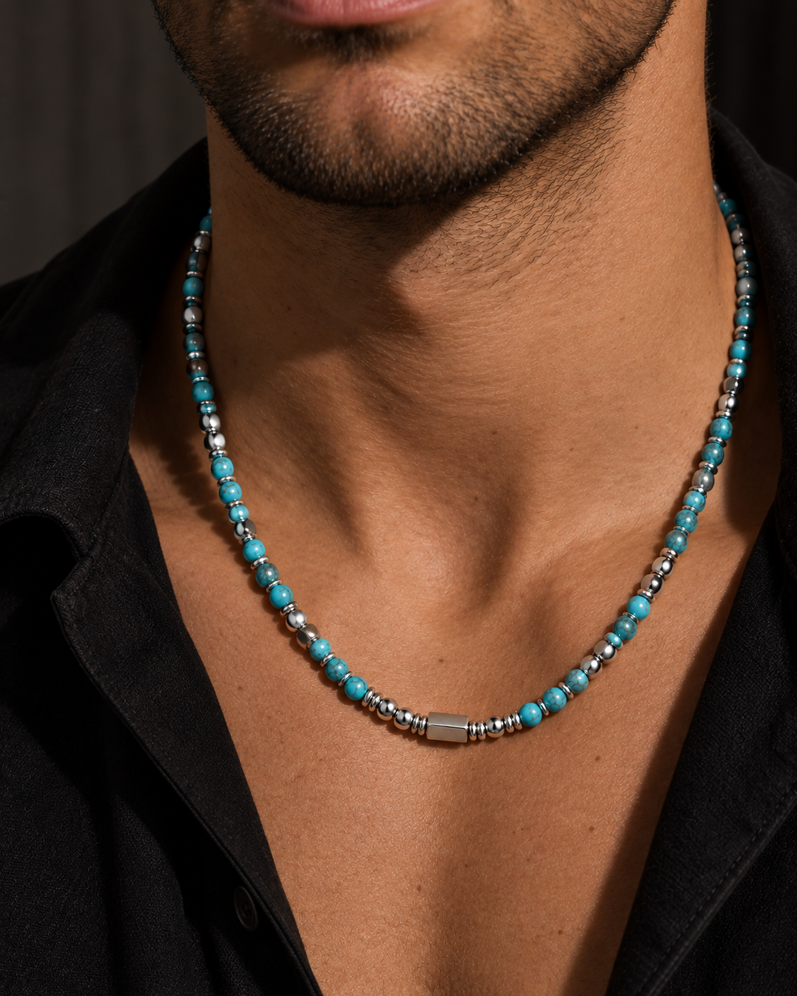 Zayn turquoise men's necklace at an open shirt collar