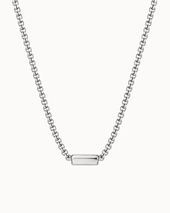 Zeno men's necklace in silver-coloured stainless steel with a minimalist horizontal bar